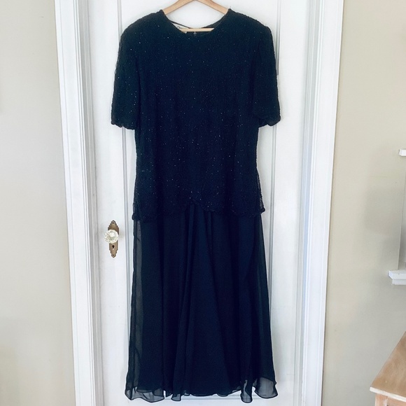 Vtg JMD New York Beaded Full Skirt Formal Evening Black Dress 3X sheer Eventwear - Picture 1 of 16